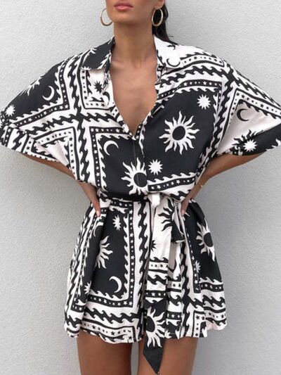 MUNSIEUR Printed Tie-Waist Romper - Luxury Half Sleeve Jumpsuit for Women