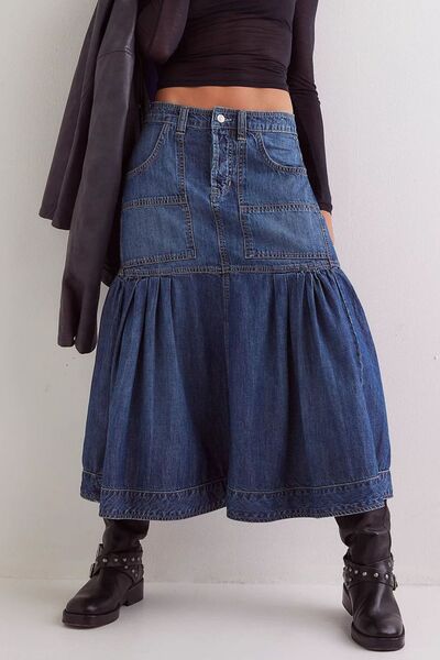 MUNSIEUR Bohemian Denim Midi Skirt - Luxury Flowy Skirt with Pockets for Women