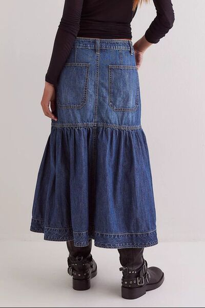 MUNSIEUR Bohemian Denim Midi Skirt - Luxury Flowy Skirt with Pockets for Women