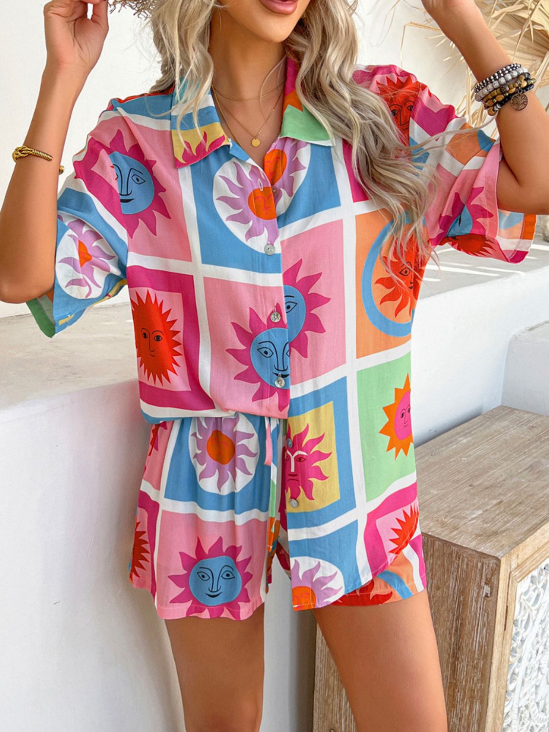 Women's Devine Printed Button-Down Romper Set Bottoms