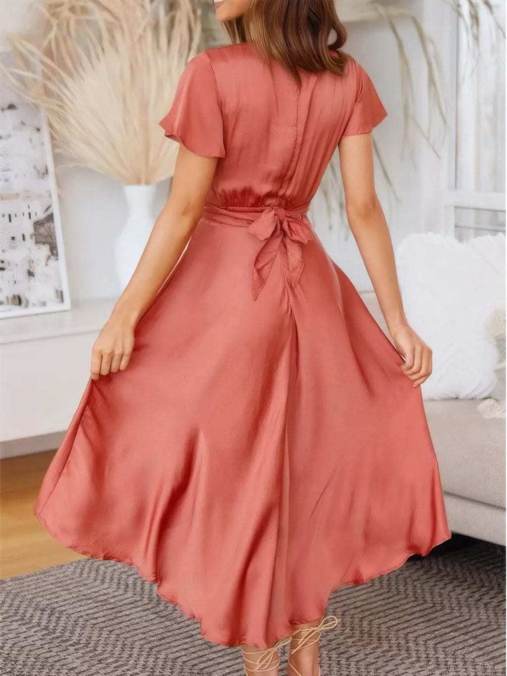 High-Low Plunge Flutter Sleeve Dress