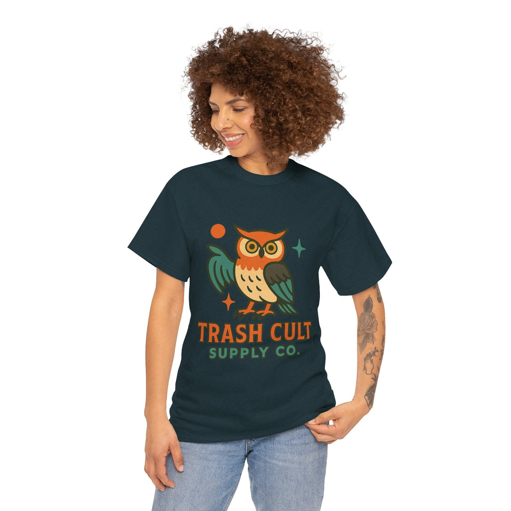 Vintage Owl Graphic Tee, Unisex Heavy Cotton Tee, Trash Cult Shirt, Nature Lover Gift, Eco-Friendly Apparel