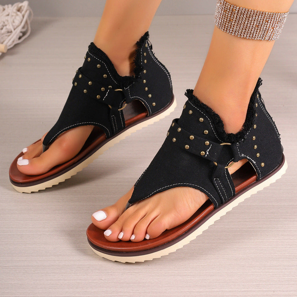 Women's Denim Sandals With Rear Zipper Summer Retro Beach Flats