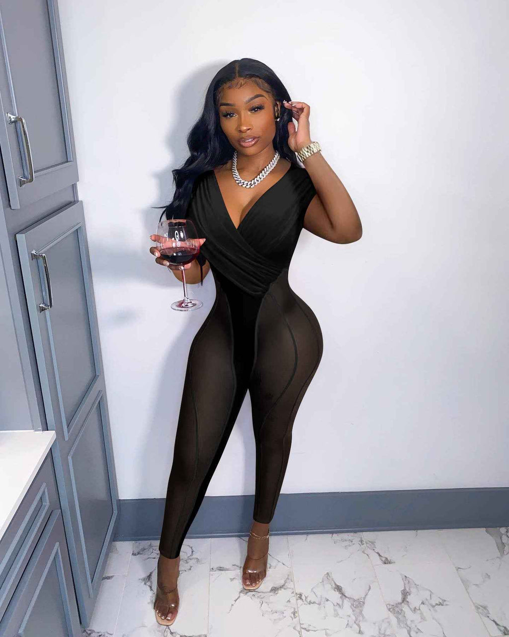 Mesh Velvet Stitching Jumpsuit