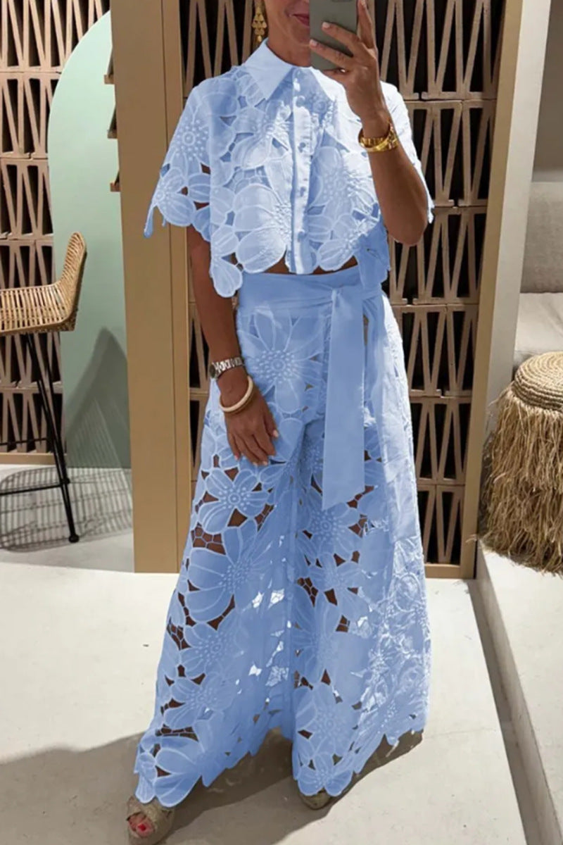 Solid Color Sexy Cutout Cardigan Blouse Wide Leg Two-piece Set
