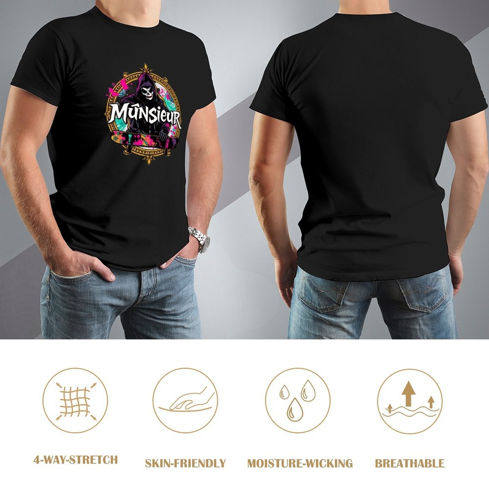 Munsieur New Skool Tee for Men – Skull Skateboard Graphic Tee