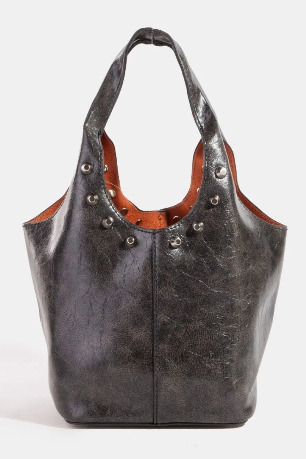 Women's Faux Leather Bucket Bag - Weathered Studded Shoulder Bag