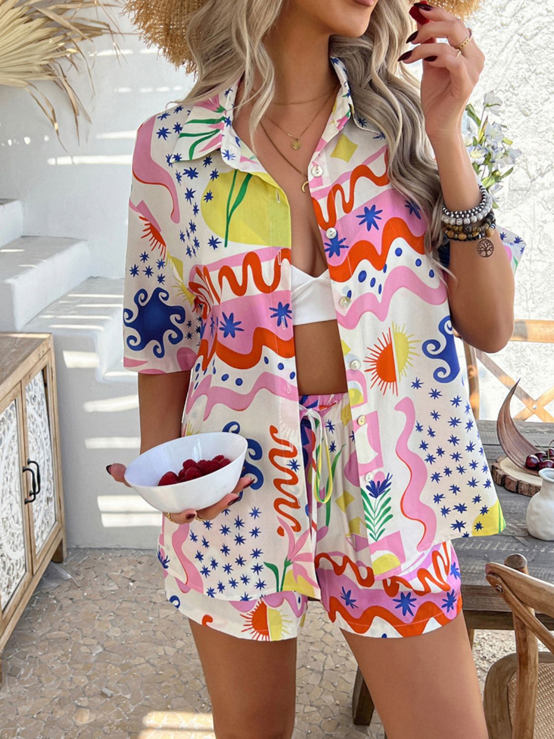 Women's Devine Printed Button-Down Romper Set Bottoms