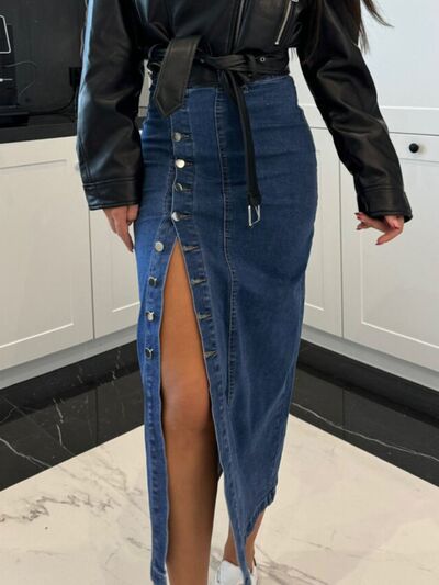 Women's Front Button Slit Maxi Denim Skirt