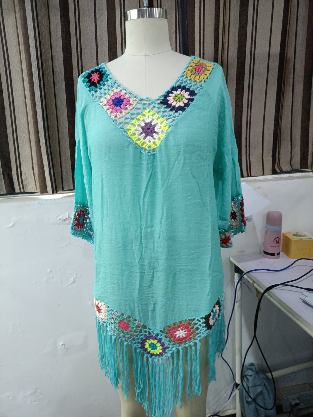 Spring Summer Women Clothing Net Red Lazy Beach Crocheted Blouse Mid-Length Dress