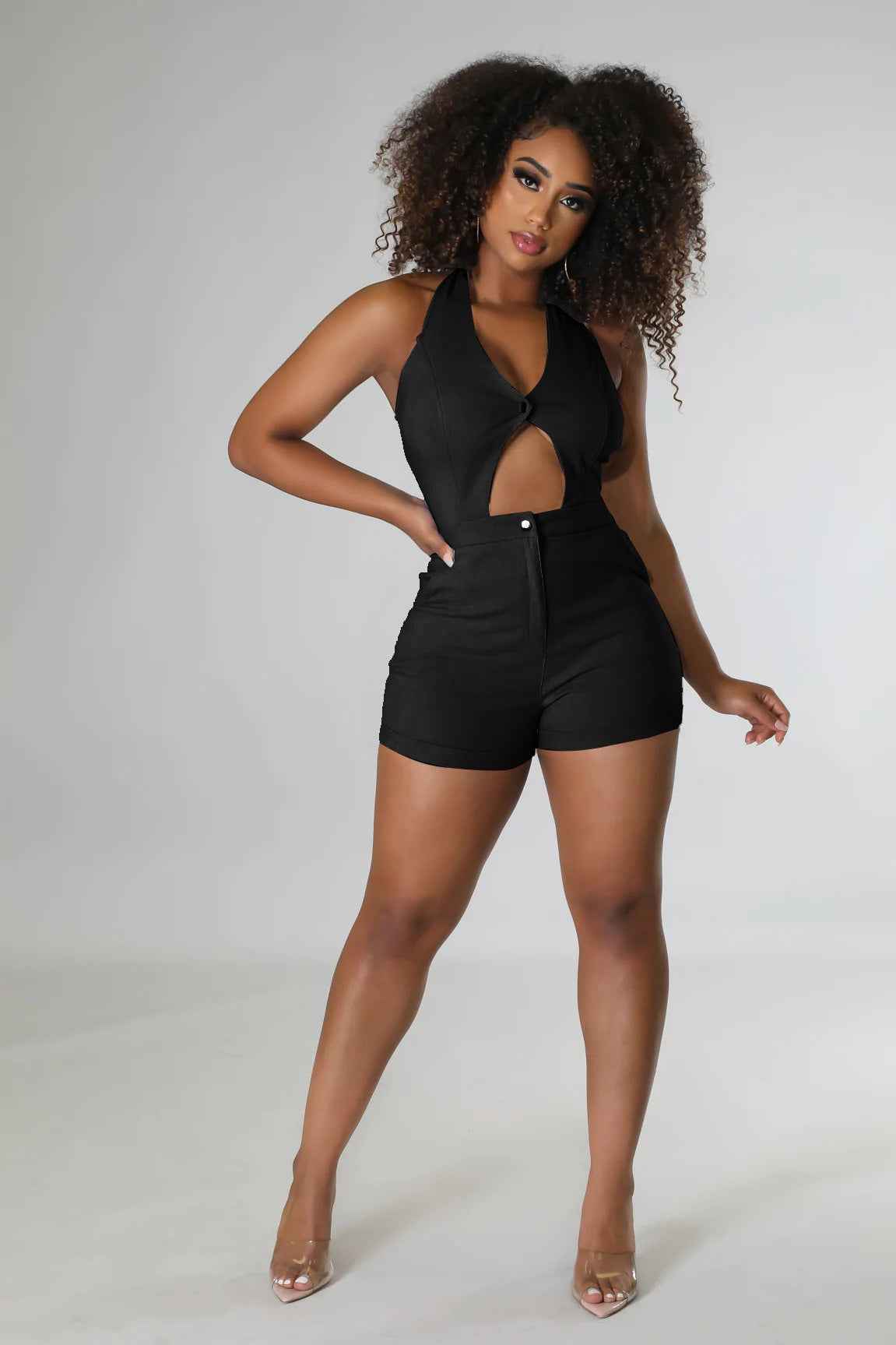 Solid Color High Waist Sexy Hollow Out Cutout Sleeveless Lace-up Romper