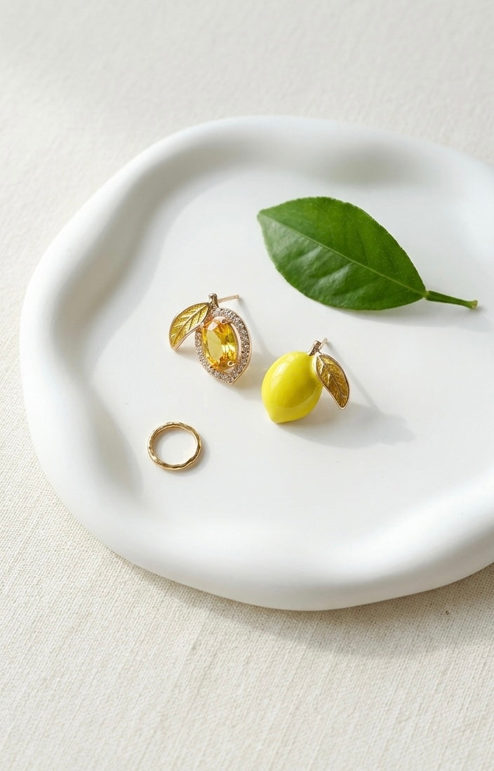 Zesty Lemon Asymmetrical Stud Earrings | Gold-Plated Crystal & Enamel