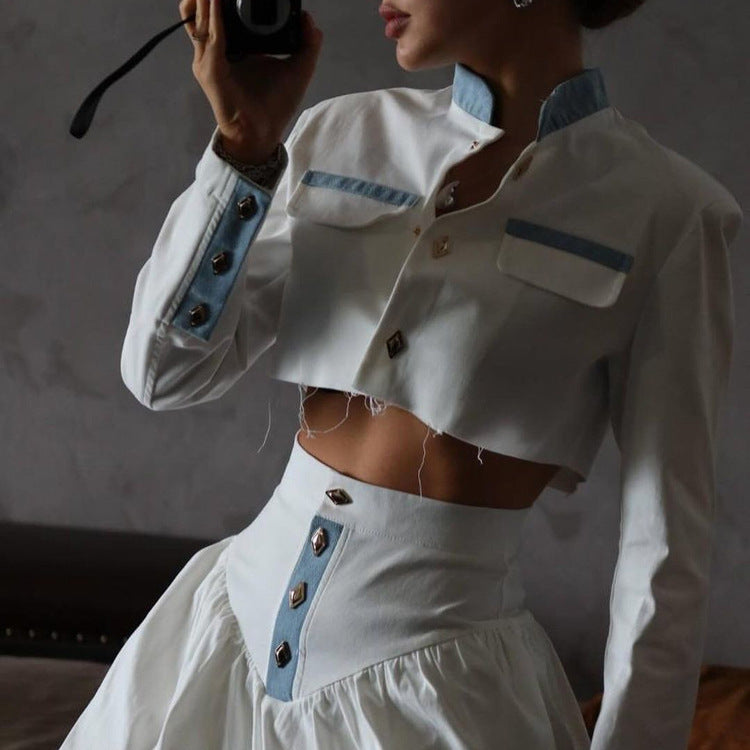 Stand-up Collar Long Sleeve Skirt Two-piece Set