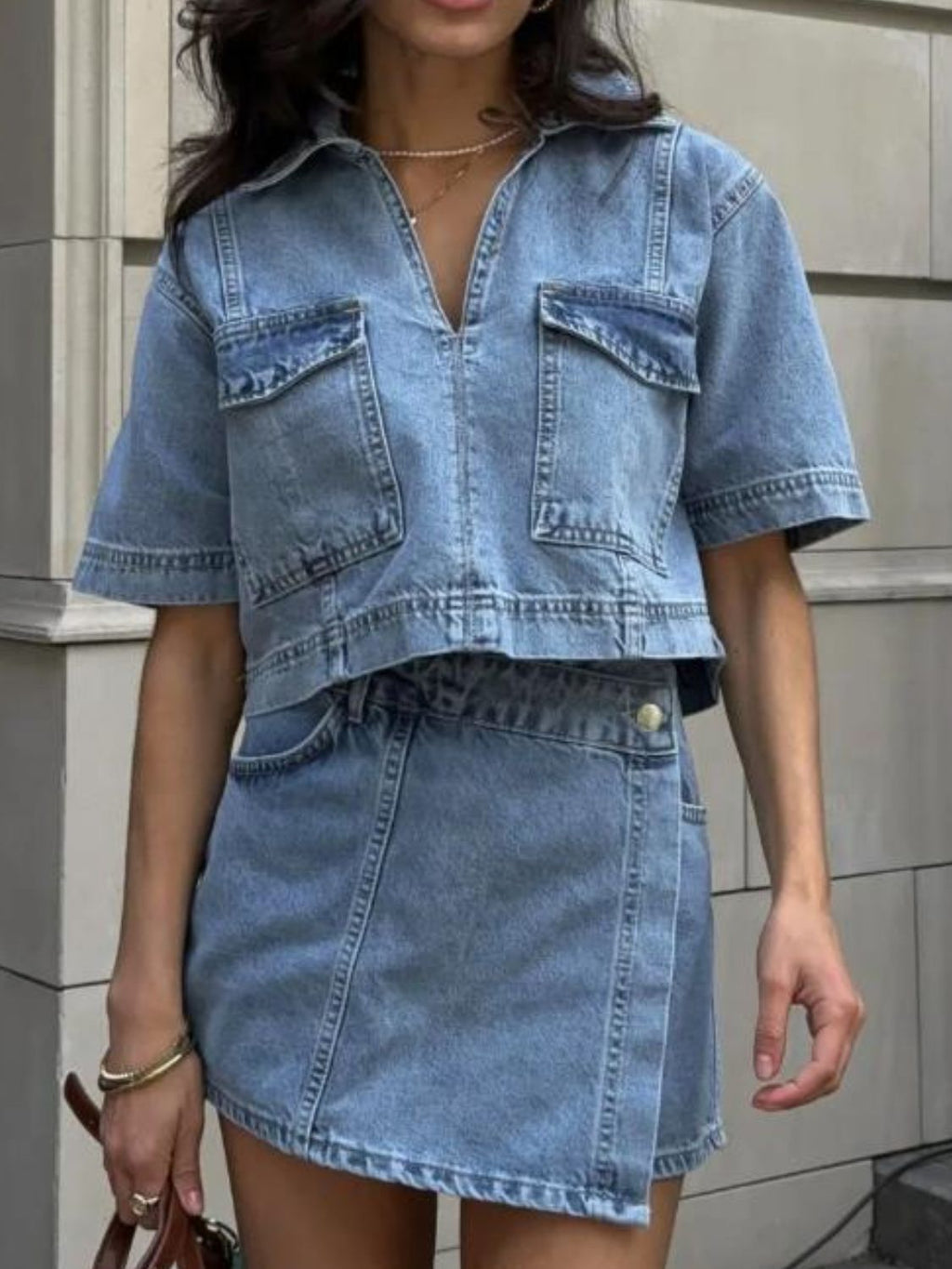 Women's Collar Sleeve 2 pc. Skort Denim Set