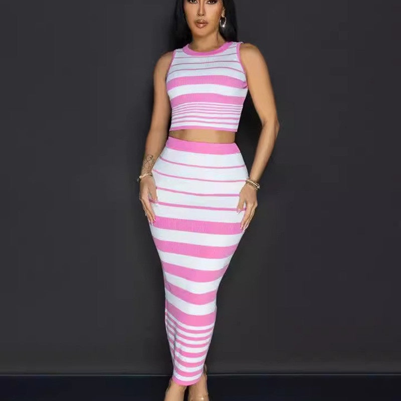 Women's Cute Hip Skirt Set Striped Maxi