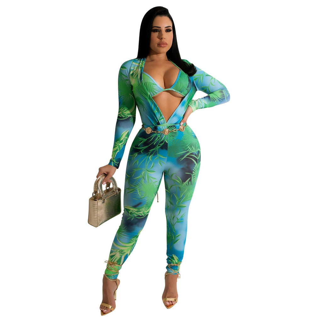 Women's Printed Jumpsuit Long Sleeve
