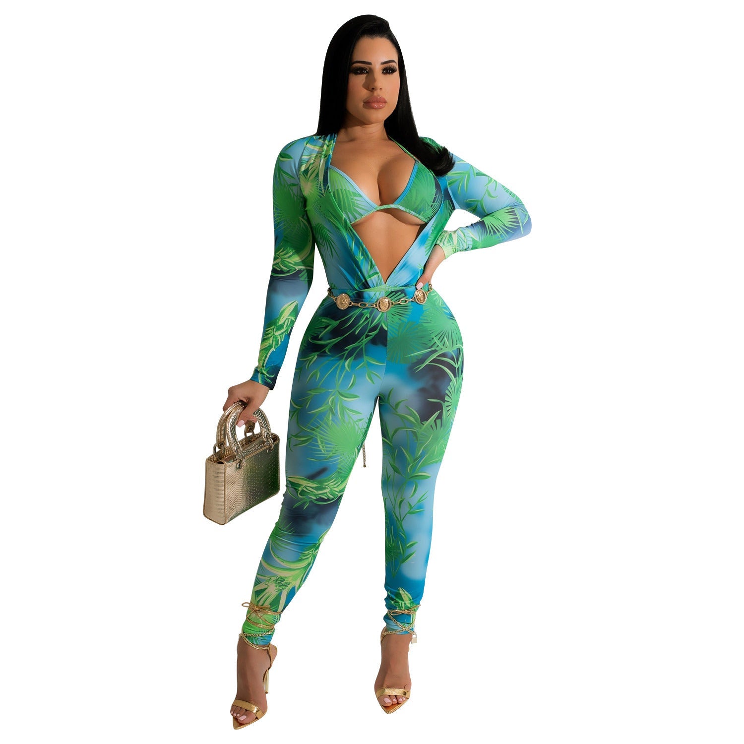Women's Printed Jumpsuit Long Sleeve