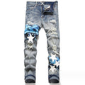 Men's Pants Blue With Holes Embroidered Printed