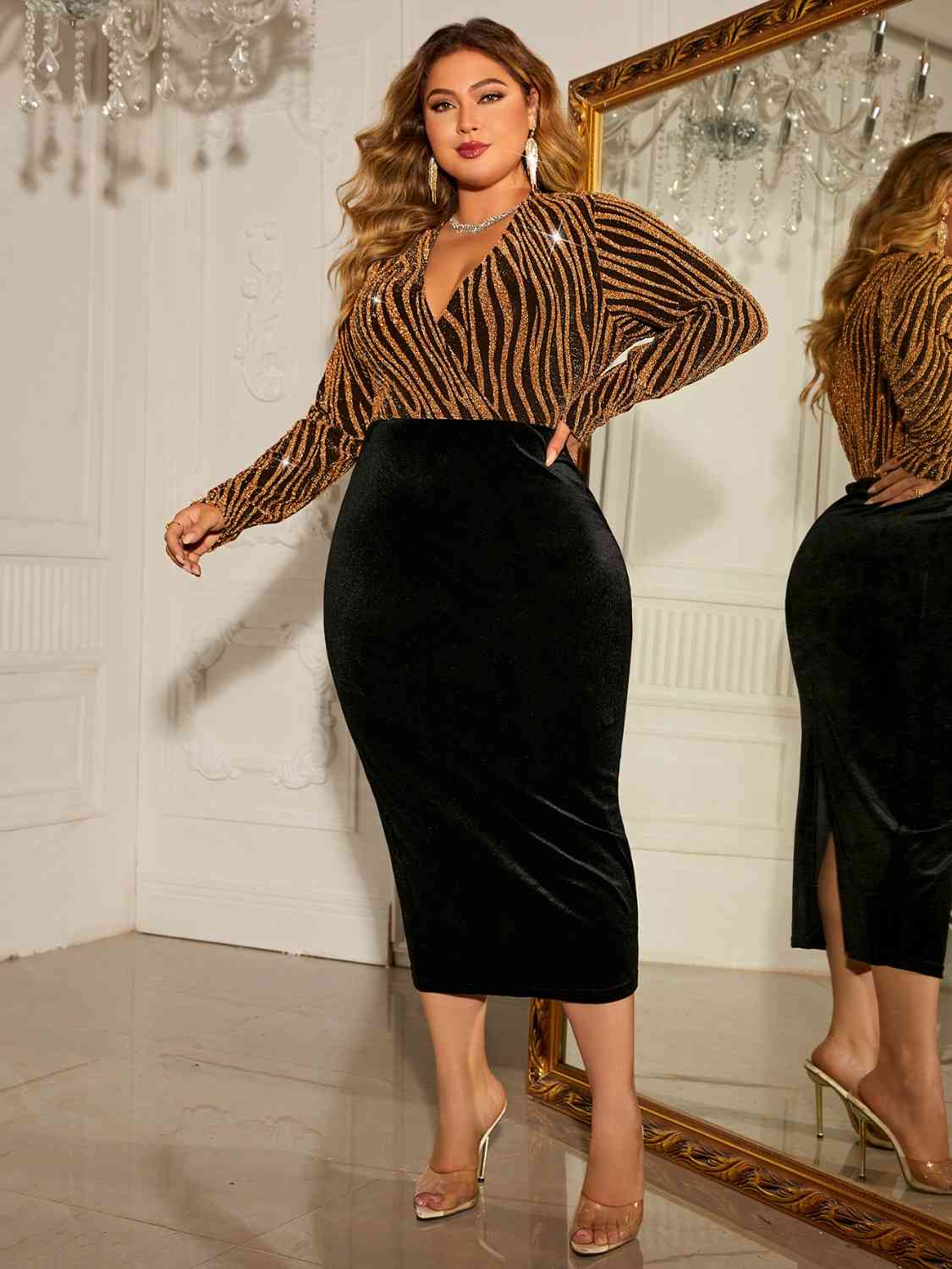 Honey Plus Size Surplice Long Sleeve Slit Dress