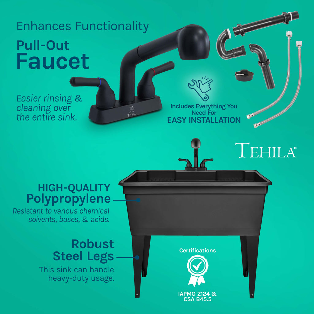Tehila Freestanding Double-Wide Black Utility Sink with Steel Legs & Black Pull-Out Faucet, Multi-Purpose Heavy-Duty Laundry Tub and Kitchen Sink for Homes & Business