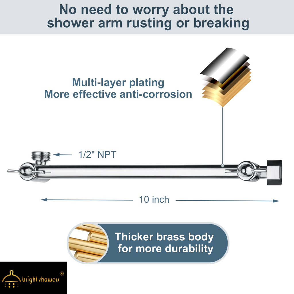 10 Inch Brass Shower Head Extension Arm, Height & Angle Adjustable