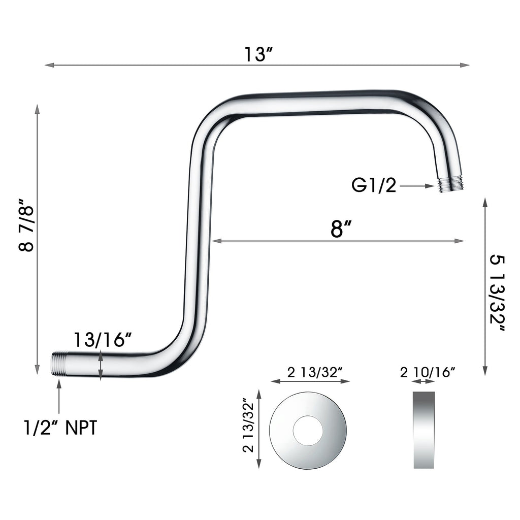 13-Inch S-Shaped Shower Arm Extension for Rainfall Shower Heads