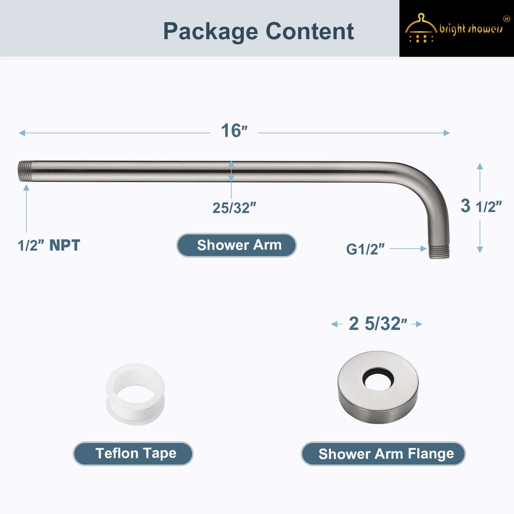 16 Inch L-Shaped Stainless Steel Shower Arm Extension for Rainfall Shower Heads