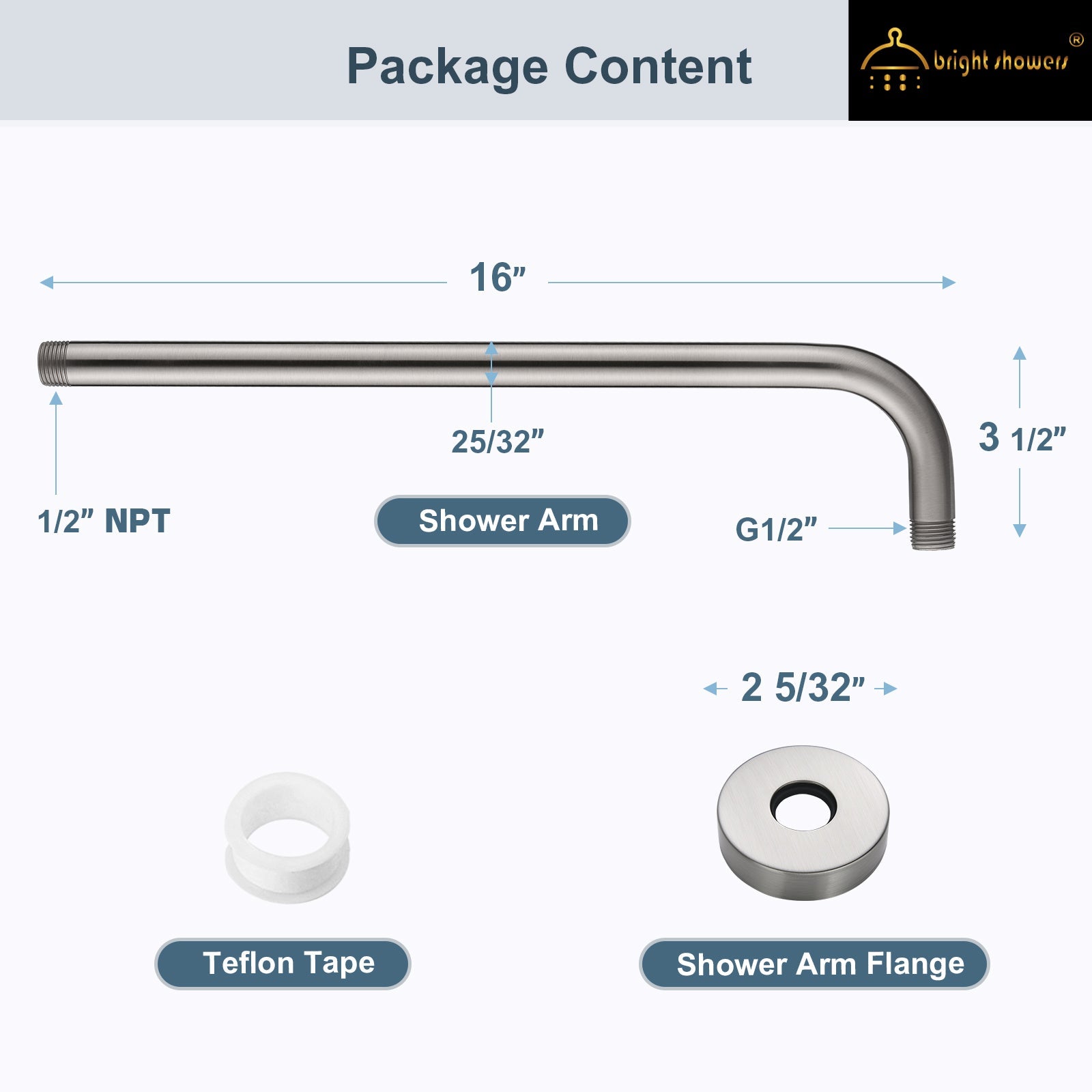 16 Inch L-Shaped Stainless Steel Shower Arm Extension for Rainfall Shower Heads