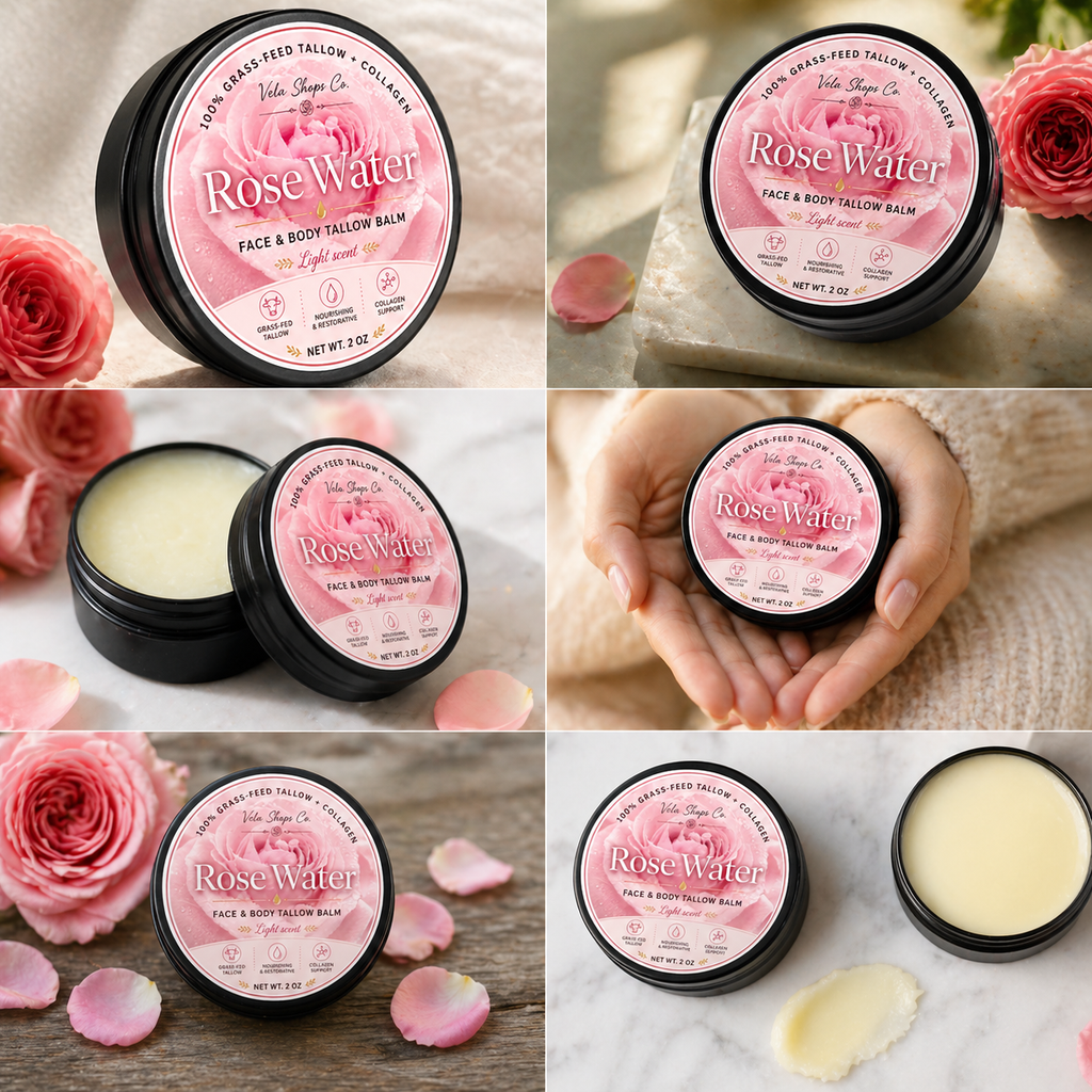 Rose Water - Tallow Balm - Face & Body Moisturizer - Collagen - Light Scent