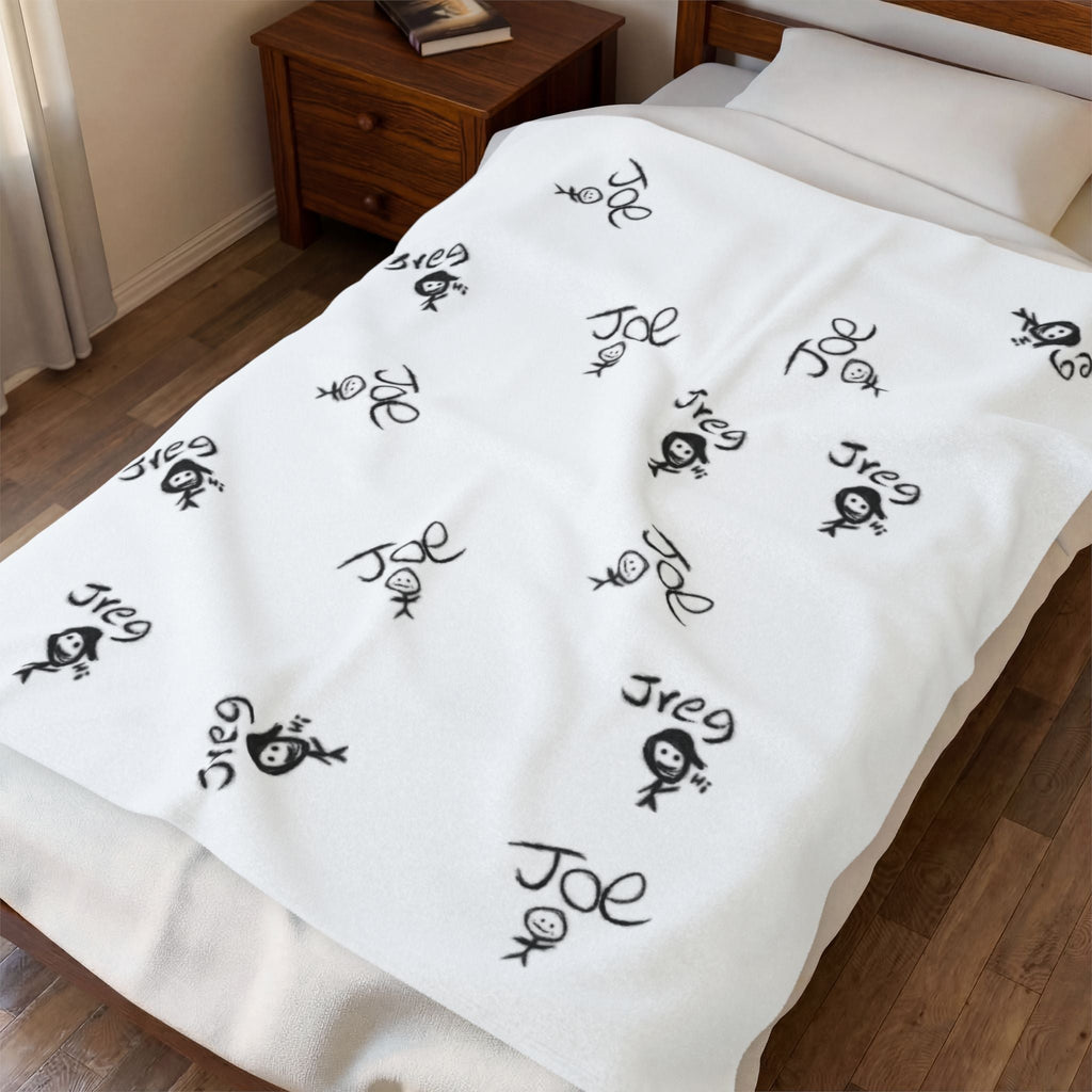 Hand-Drawn Stick Figures Velveteen Blanket | Minimal Doodle Plush Throw