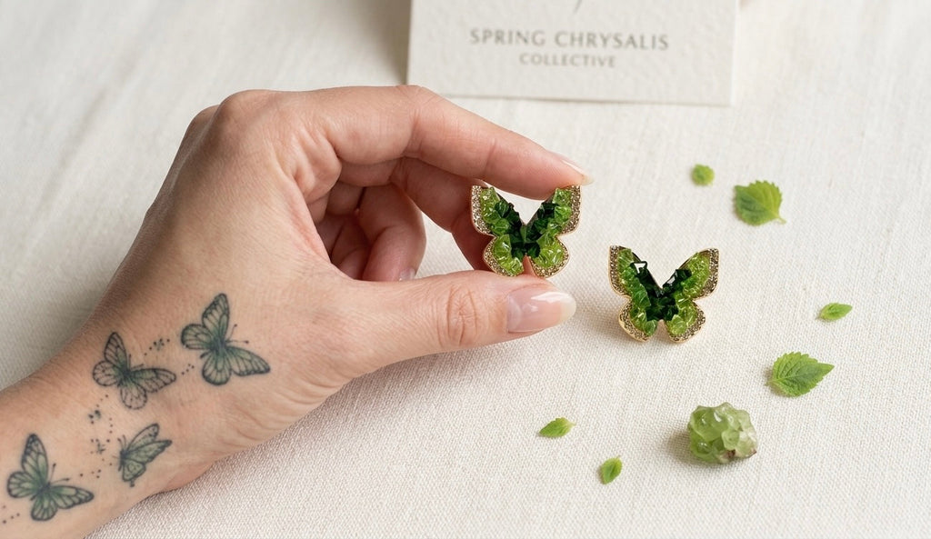 Aura Emerald Butterfly Zircon Studs – Gold Plated