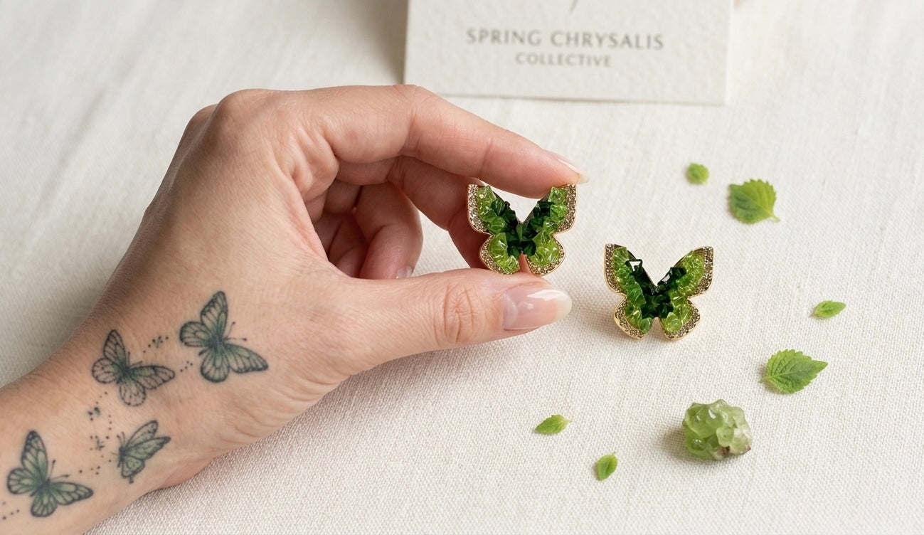 Aura Emerald Butterfly Zircon Studs – Gold Plated