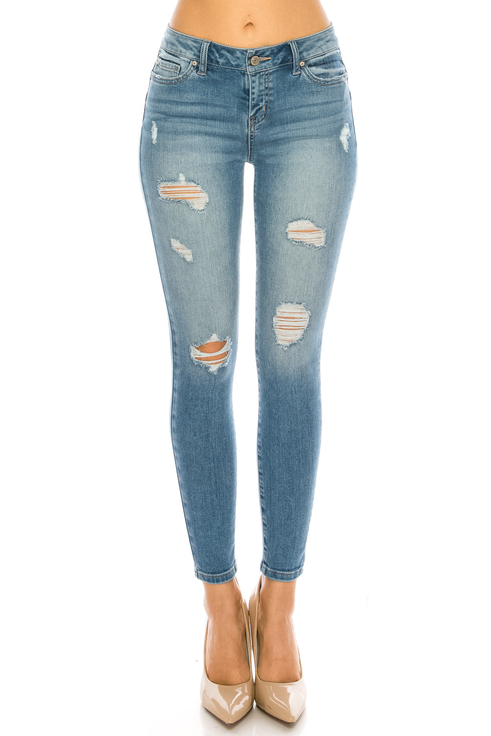 Mid Rise Destructed Skinny Jeans