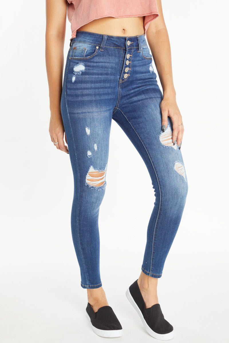 High Rise Destructed Skinny Jeans