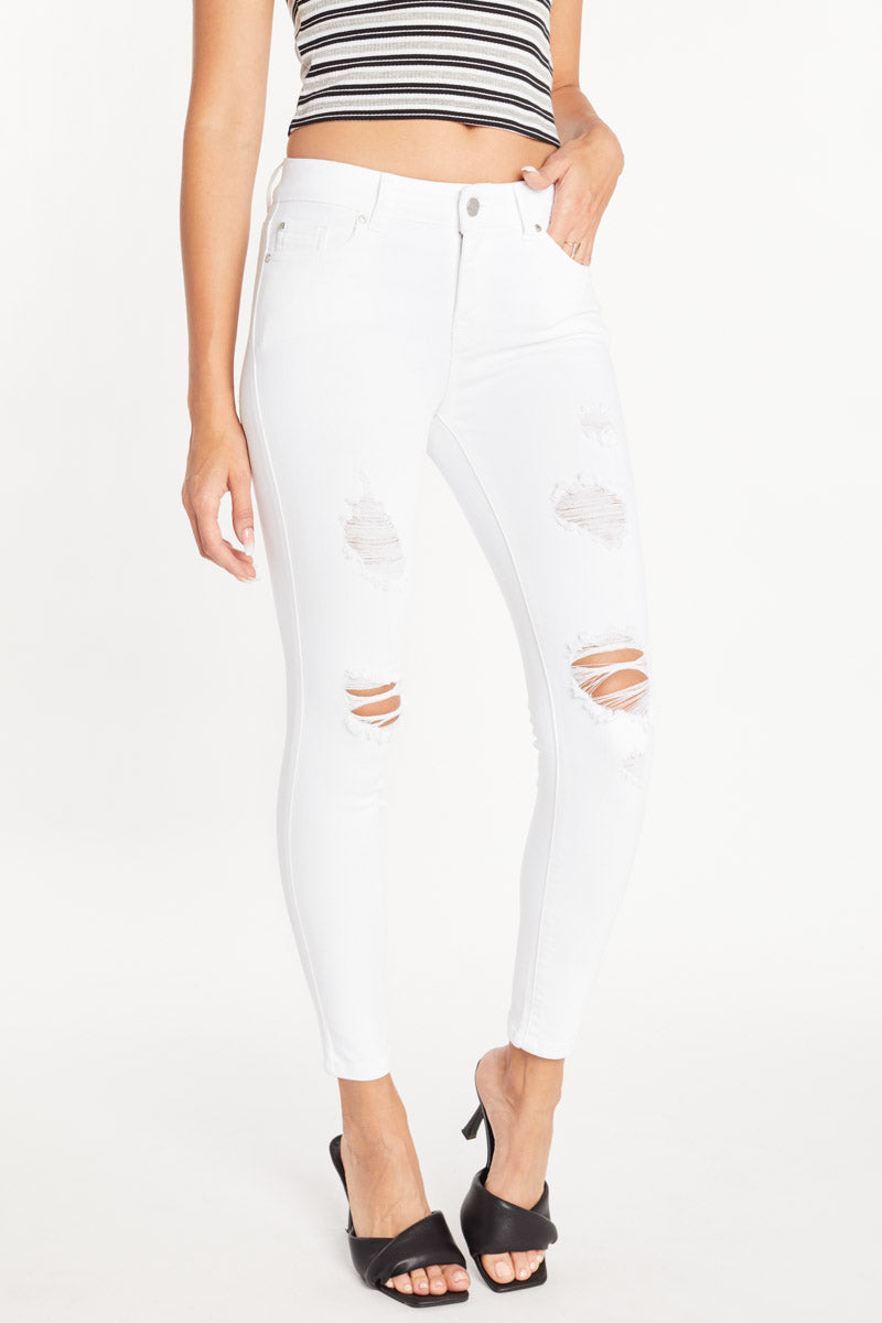 Mid Rise Destructed Ankle Skinny Jeans