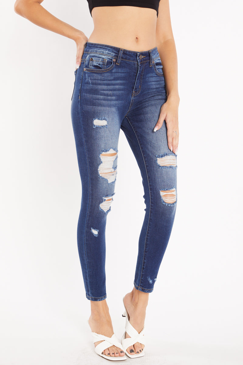 High Rise Destructed Ankle Skinny Jeans