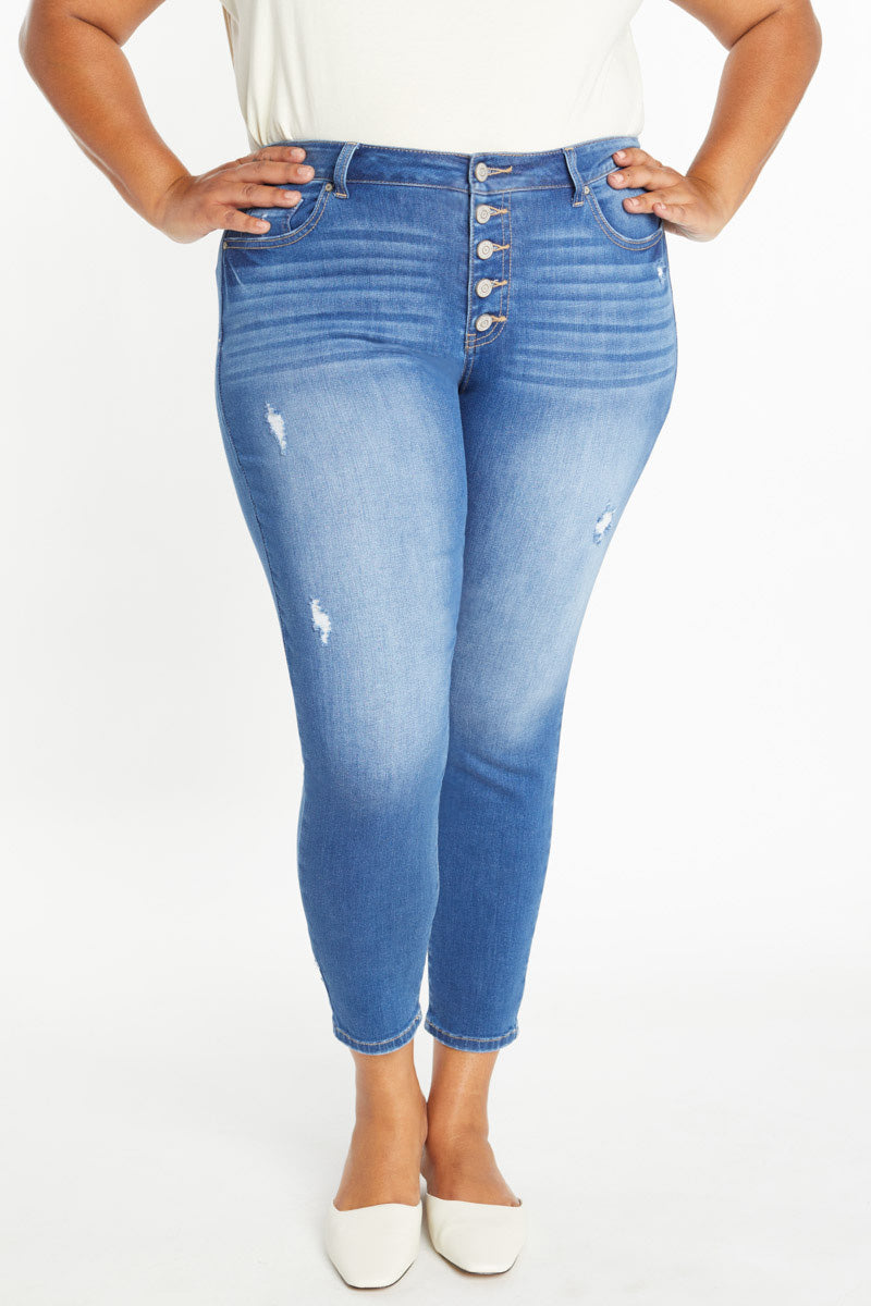 High Rise Ankle Skinny Jeans with 5 Exposed Button