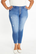 High Rise Ankle Skinny Jeans with 5 Exposed Button