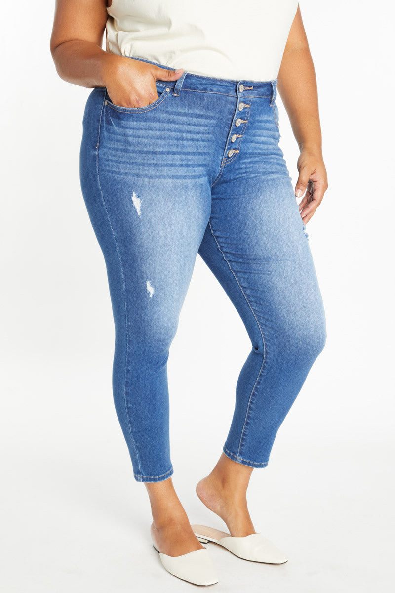 High Rise Ankle Skinny Jeans with 5 Exposed Button