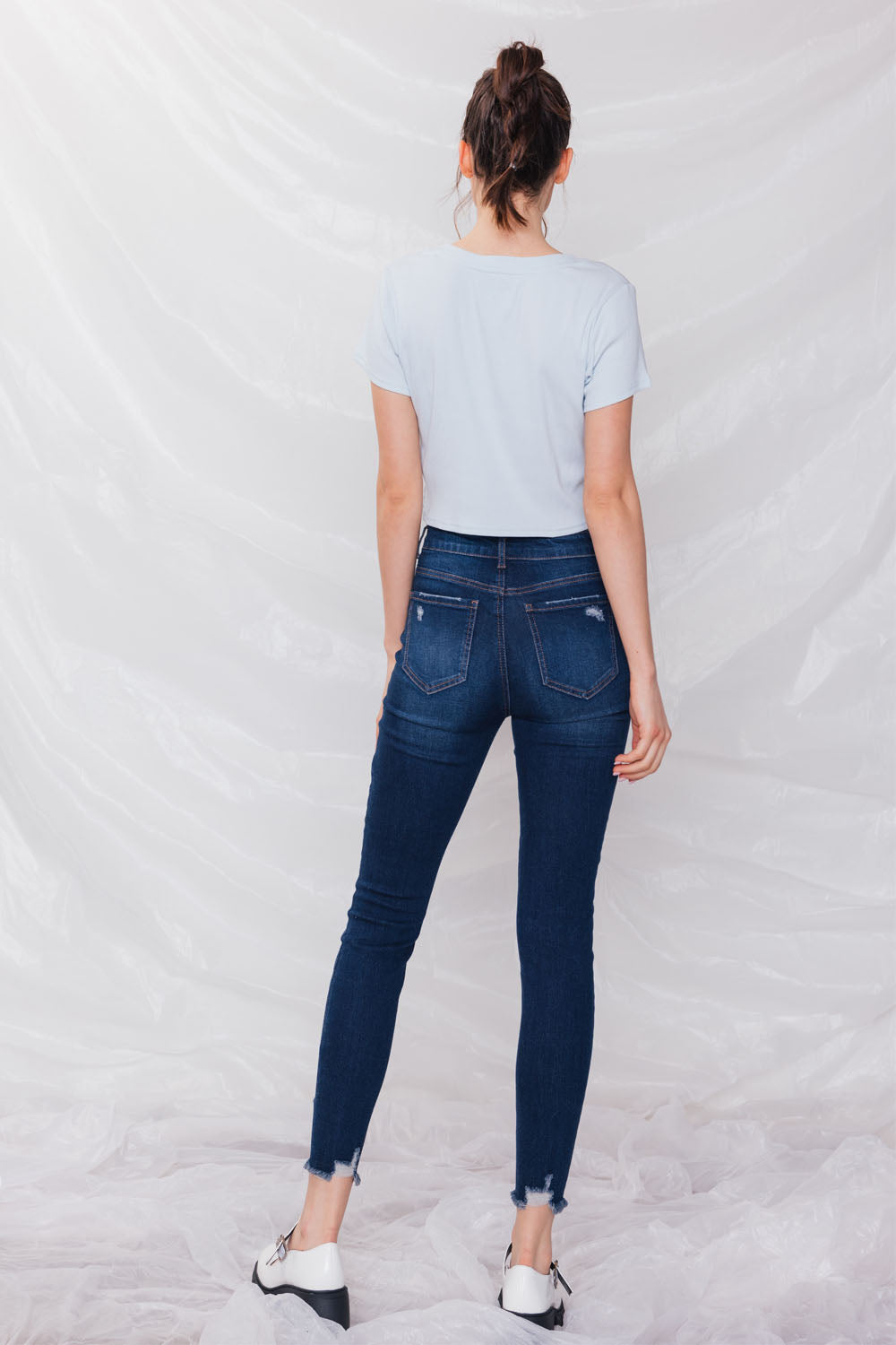 Destructed High Rise Ankle Skinny Jeans