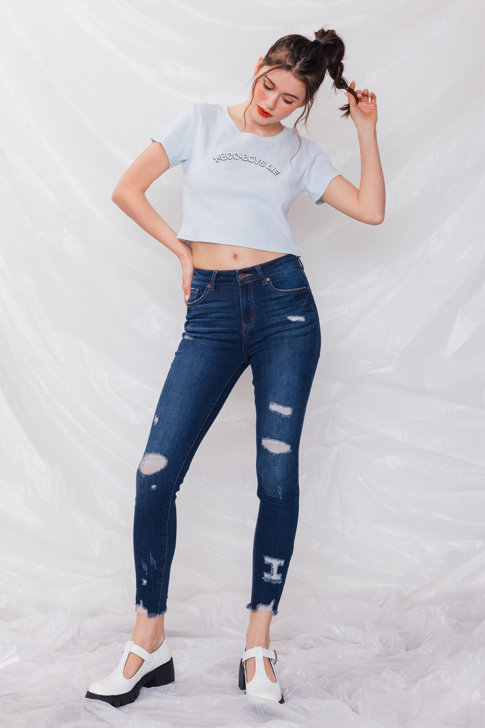 Destructed High Rise Ankle Skinny Jeans