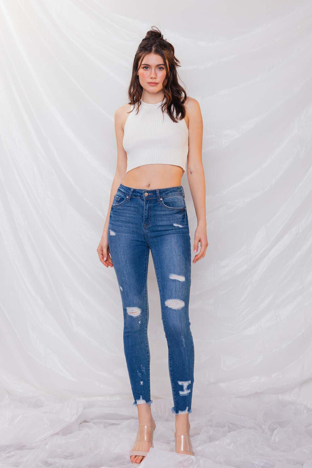 Destructed High Rise Ankle Skinny Jeans