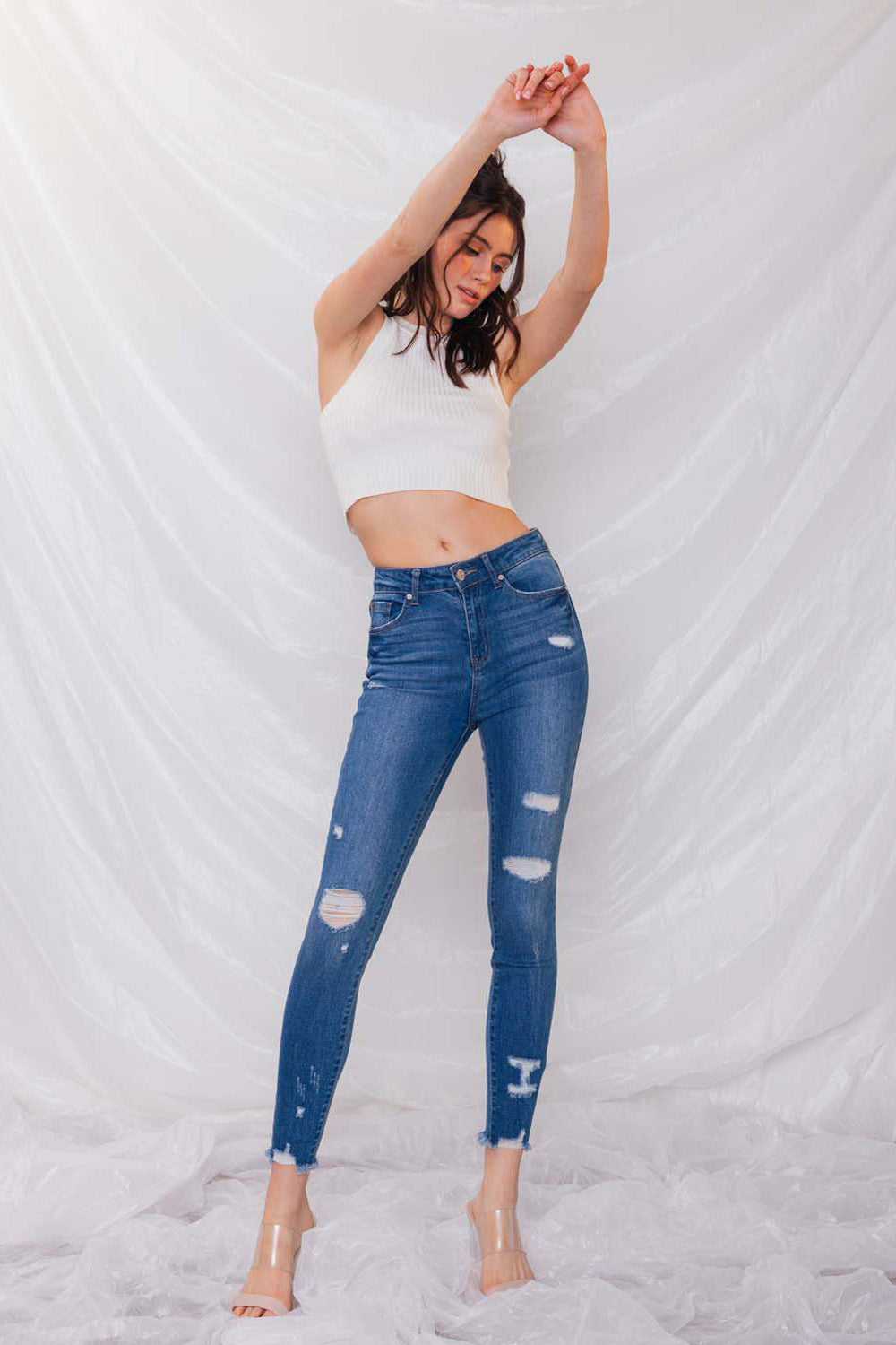 Destructed High Rise Ankle Skinny Jeans