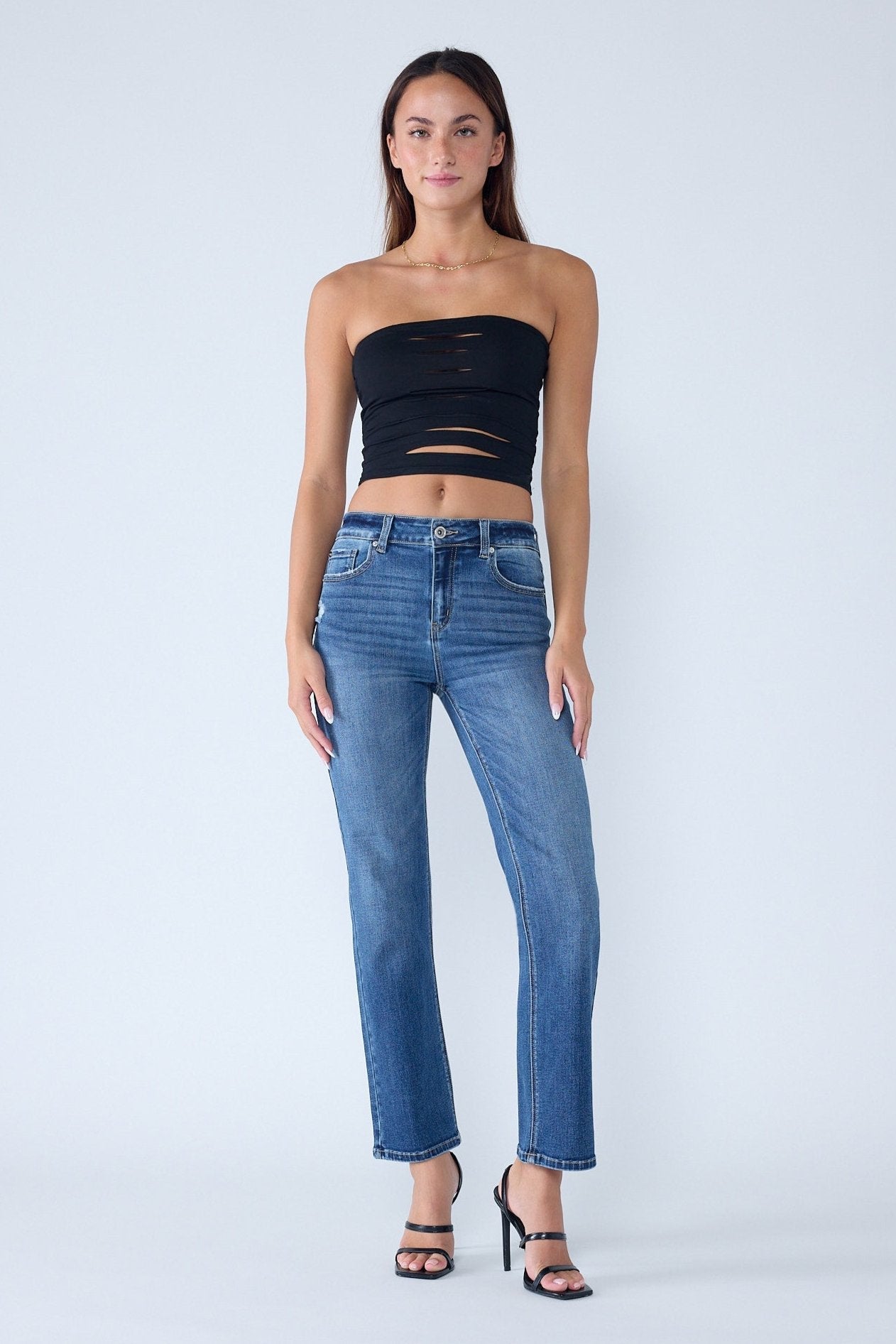 High Rise Destructed Straight Jeans