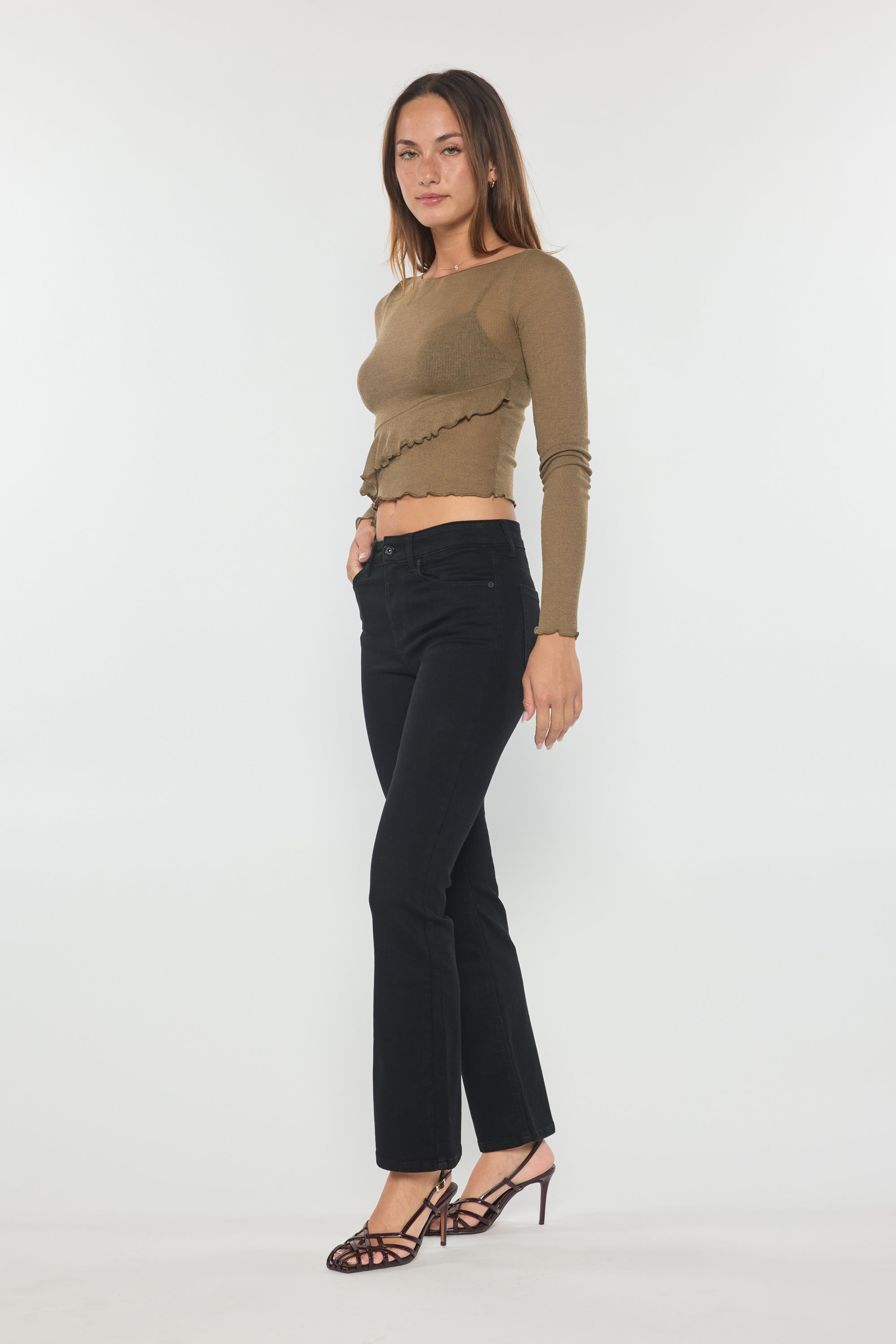 Black High Rise Slim Bootcut Jeans With Gentle Wash
