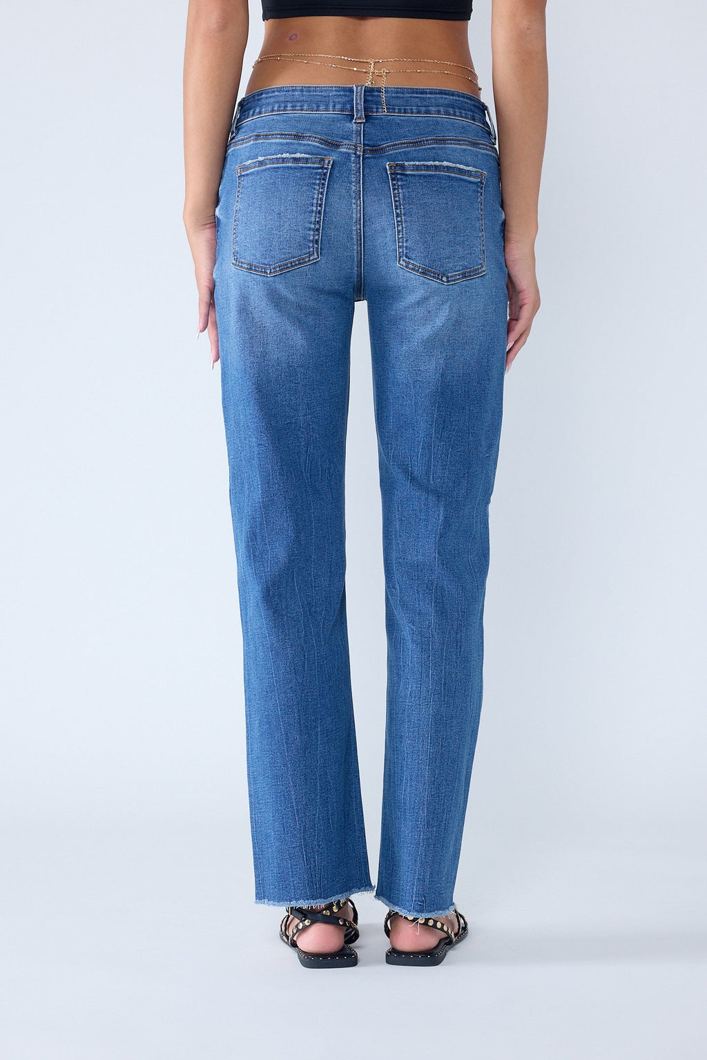High Rise Knee Down Tie Wash Straight Jeans