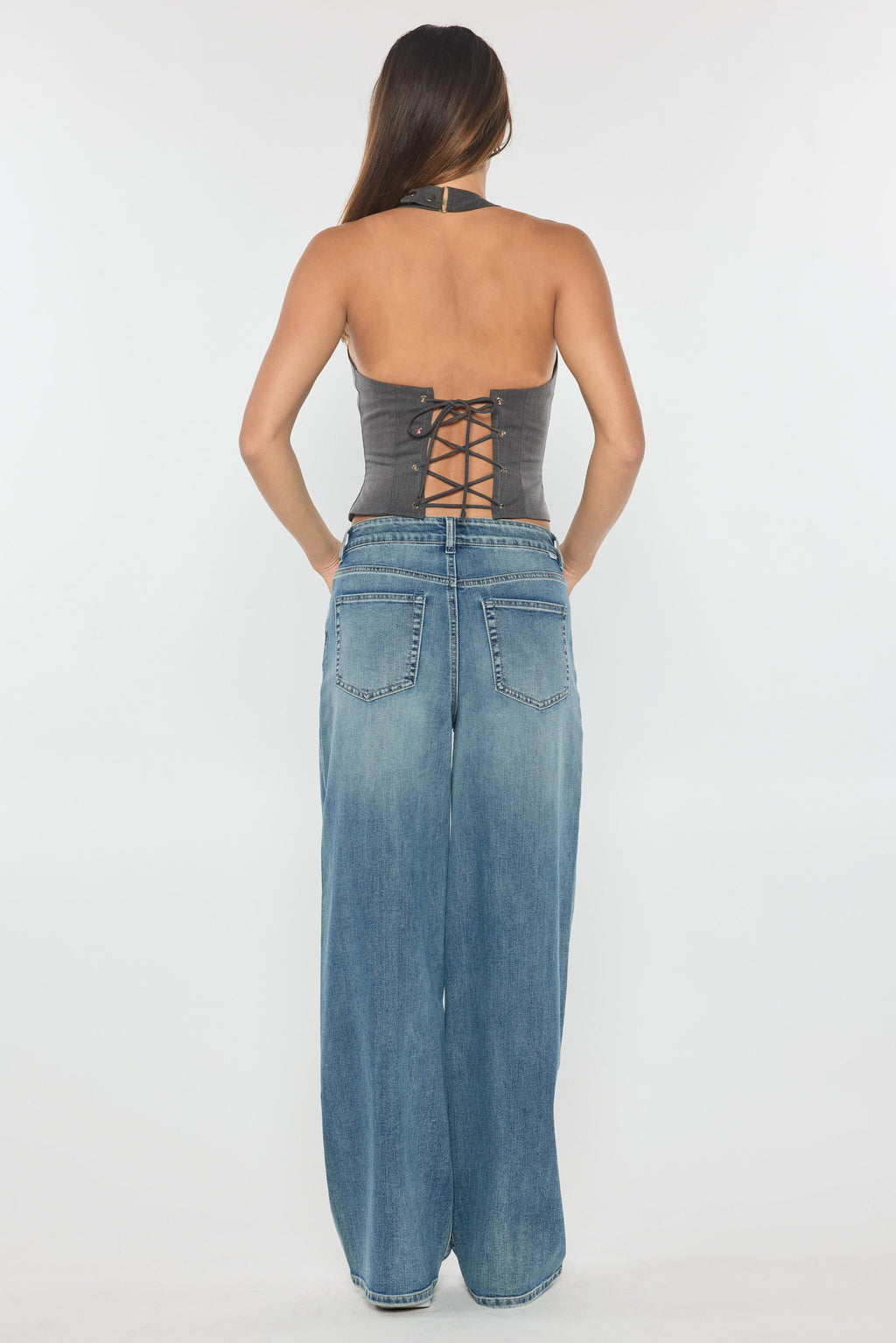 Mid Waist Relaxed Wide Leg Jeans with Heavy Brushed Wash