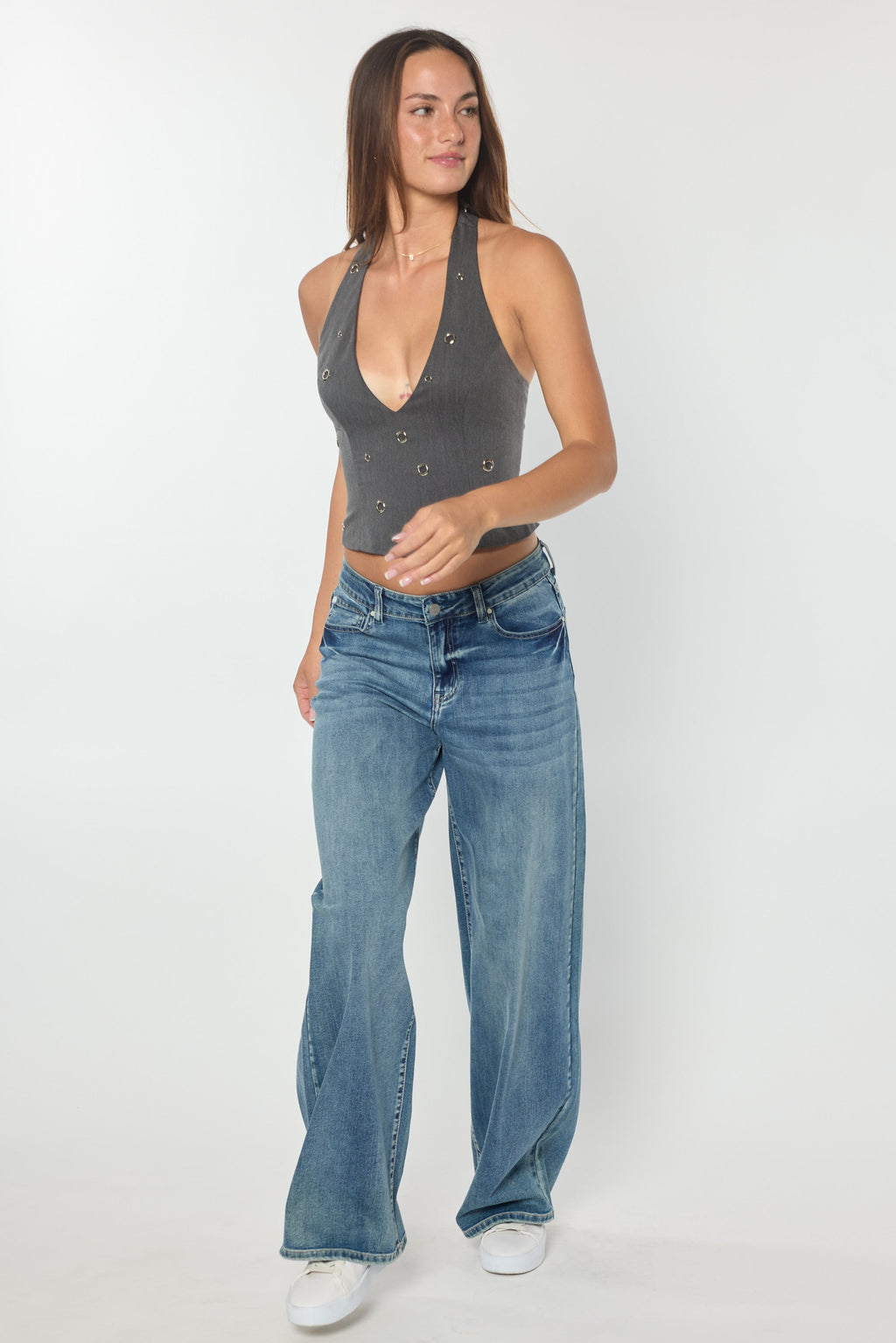 Mid Waist Relaxed Wide Leg Jeans with Heavy Brushed Wash