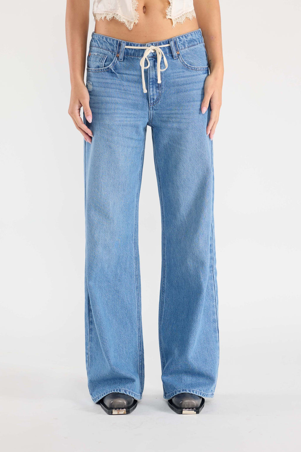 Baggy Wide Leg Jeans with Waist Band String