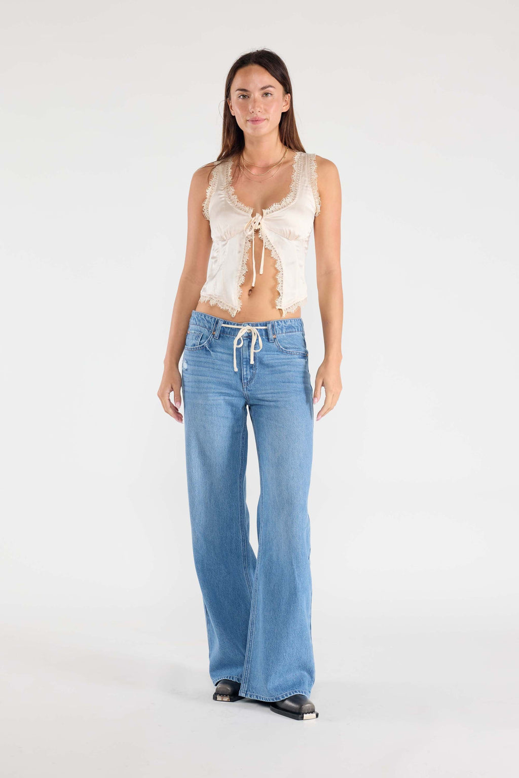 Baggy Wide Leg Jeans with Waist Band String